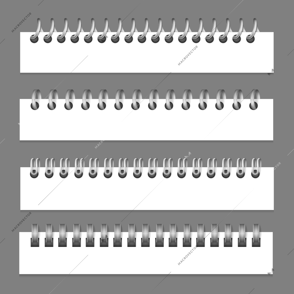 Realistic metal binders paper set of isolated images with top views of notebook sheets with holes vector illustration