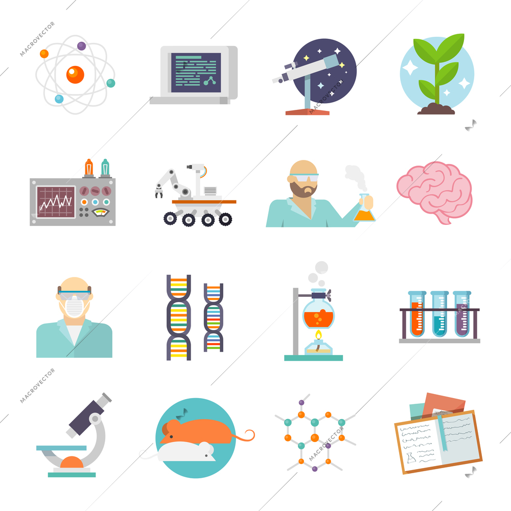 Science and research icon flat set with scientist lab and equipment symbols isolated vector illustration