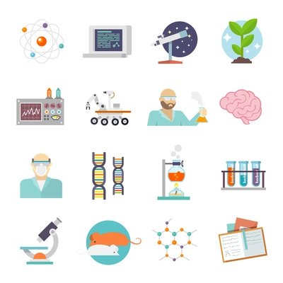 Science and research icon flat set with scientist lab and equipment symbols isolated vector illustration