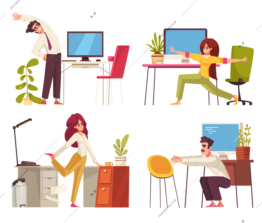 Workplace streches cartoon composition set with people having exercises at desk isolated vector illustration