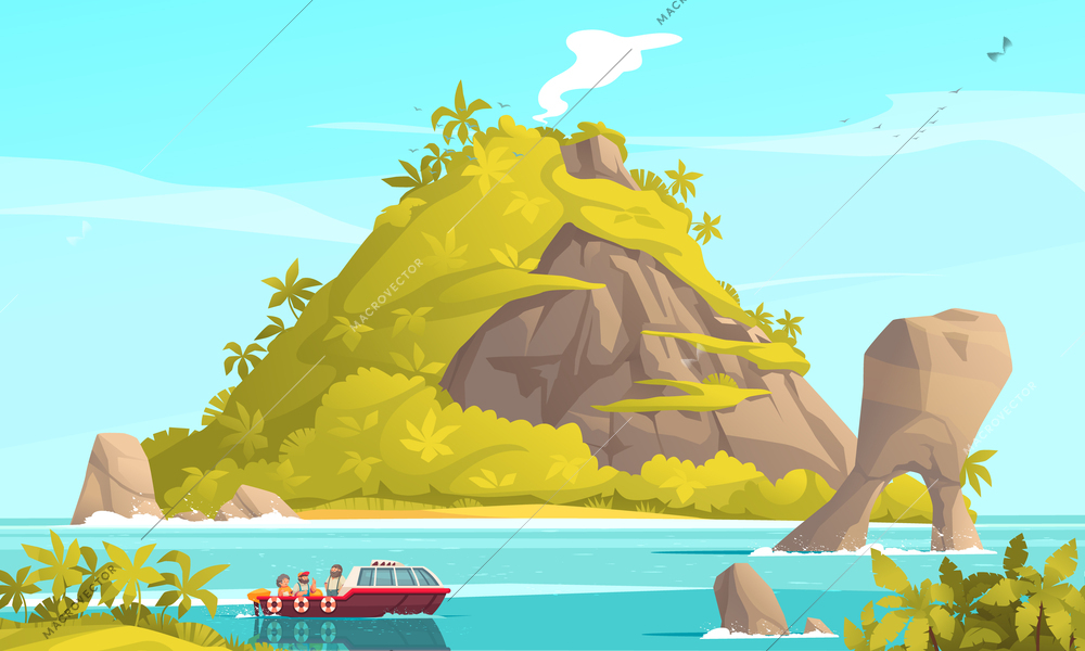 Tropical island cartoon poster with tourist boat at sea vector illustration