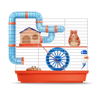 Realistic hamster cage with pet feeder and accessories vector illustration