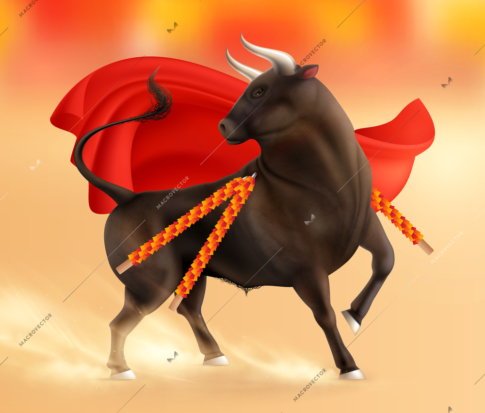 Color bull realistic composition with outdoor scenery and running bull with red cloth and sandy trails vector illustration