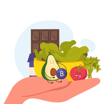 Cartoon avocado composition with blank background and front view of human hand holding characters of fruits vector illustration