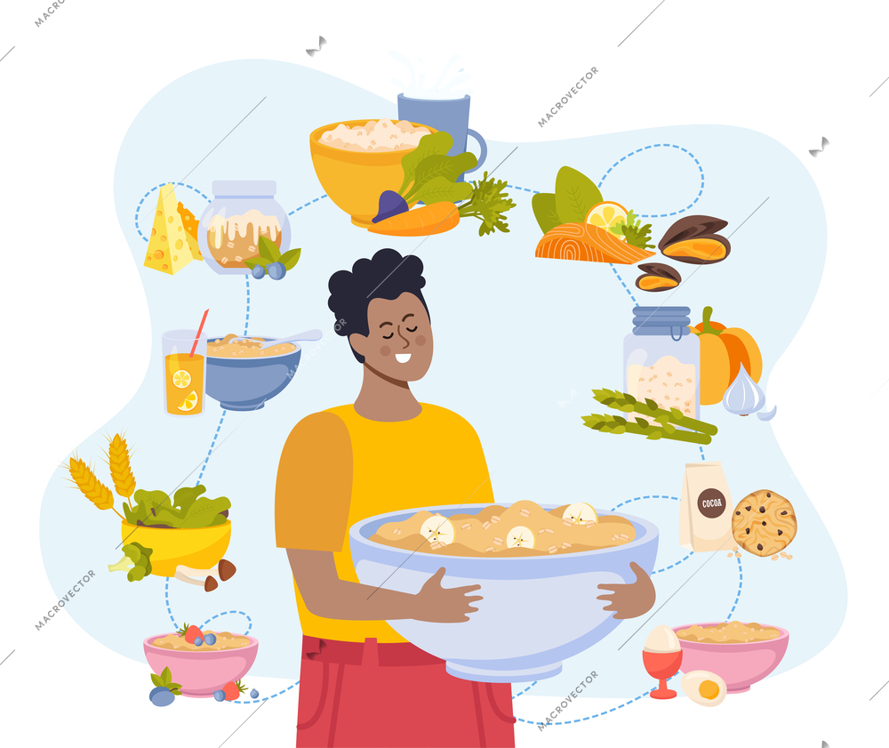 Oatmeal flat composition with cartoon human character surrounded by icons of various dishes made with oat vector illustration