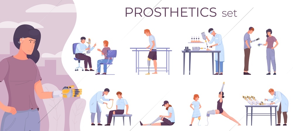 Prosthetics robotic flat set of isolated compositions with characters of patients physicians and wearable aid appliances vector illustration