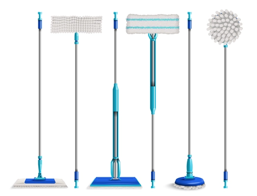 Realistic brush washing floor cleaning mop set with isolated front view mop icons of different shape vector illustration