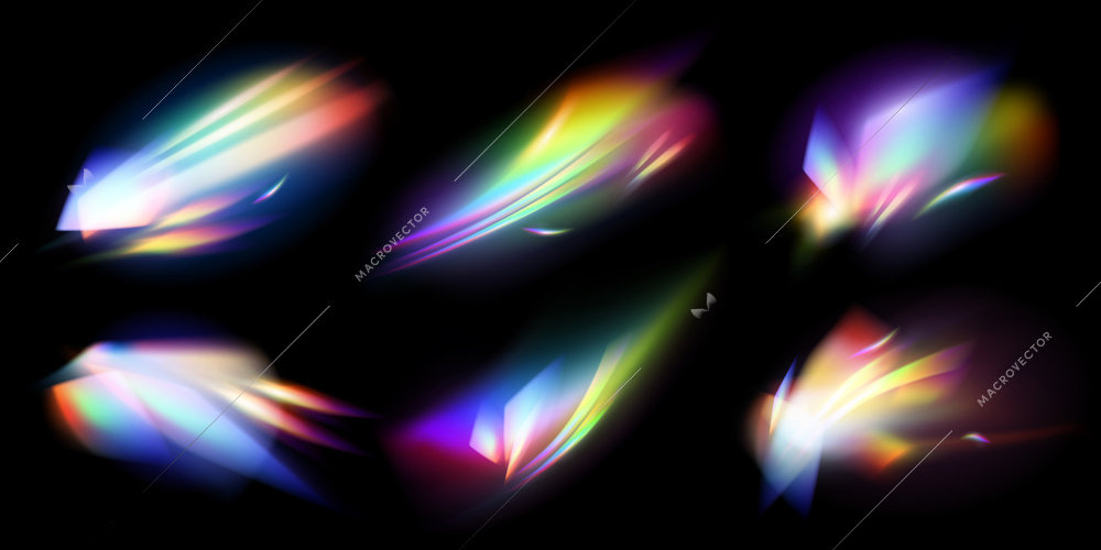 Realistic crystal rainbow effects set of isolated compositions with multiple lights and gradients in color trails vector illustration