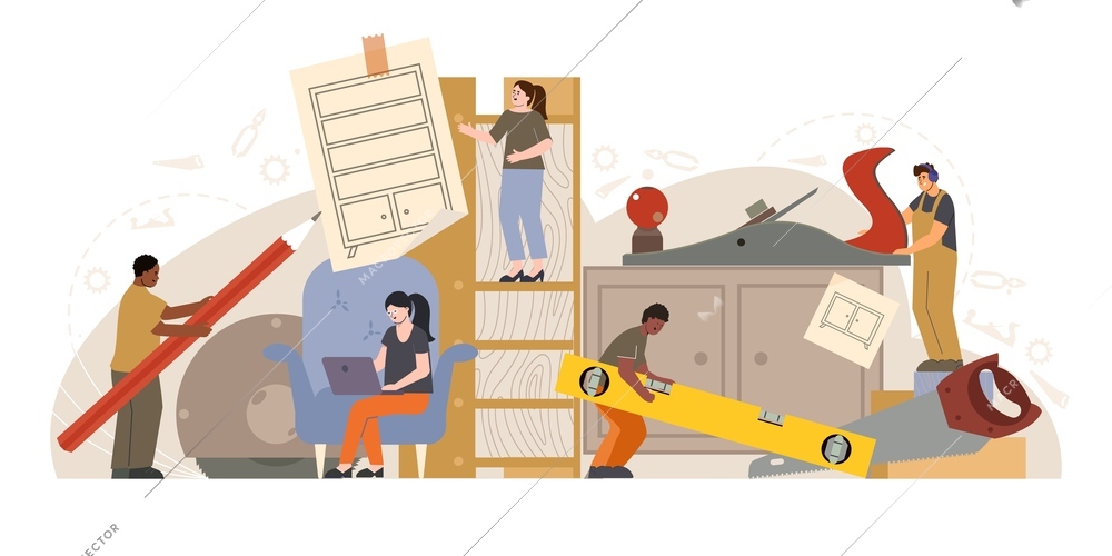 Furniture production wood flat composition with human characters of designers factory workers handymen and interior elements vector illustration