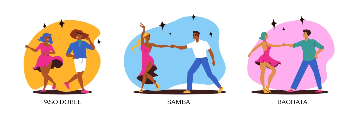 Latin dance set of three isolated compositions showing dancers of paso doble samba and bachata styles vector illustration