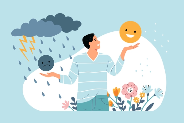 Mental health flat concept with man between sadness and positive symbols vector illustration