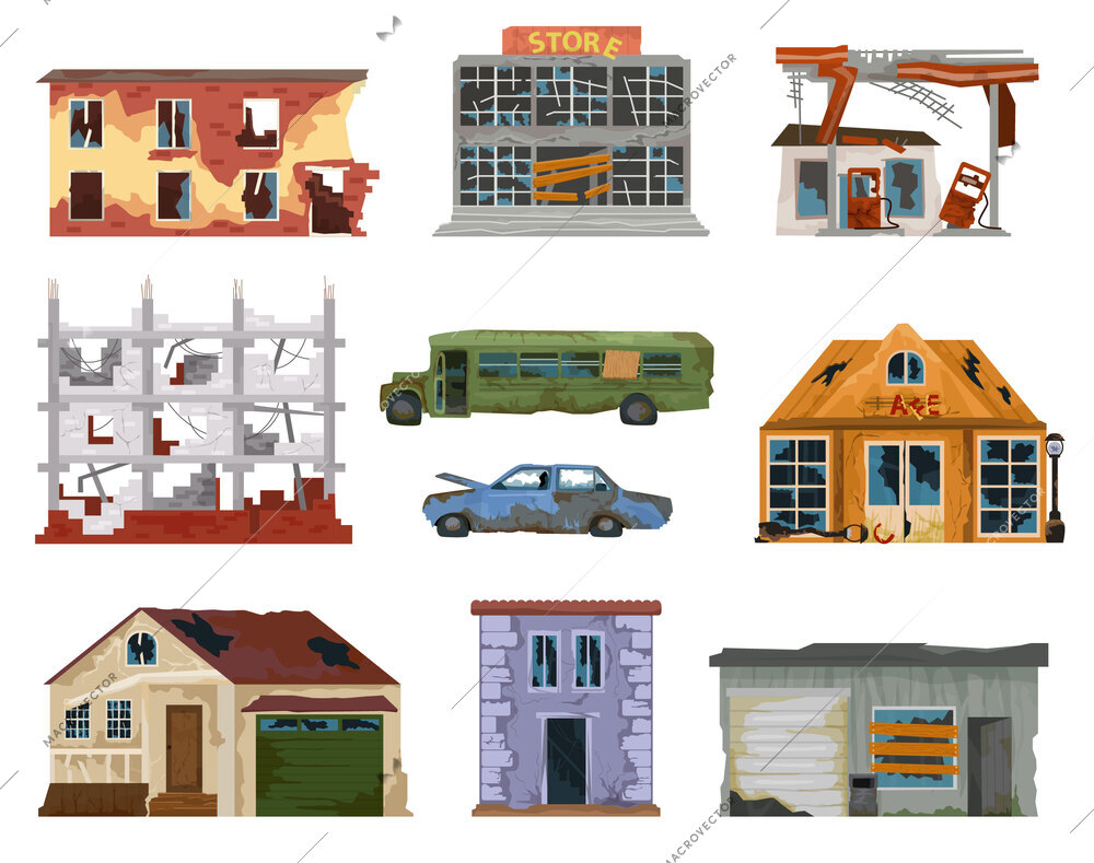 Post apocalypse flat set of broken city houses car truck and gas station isolated vector illustration