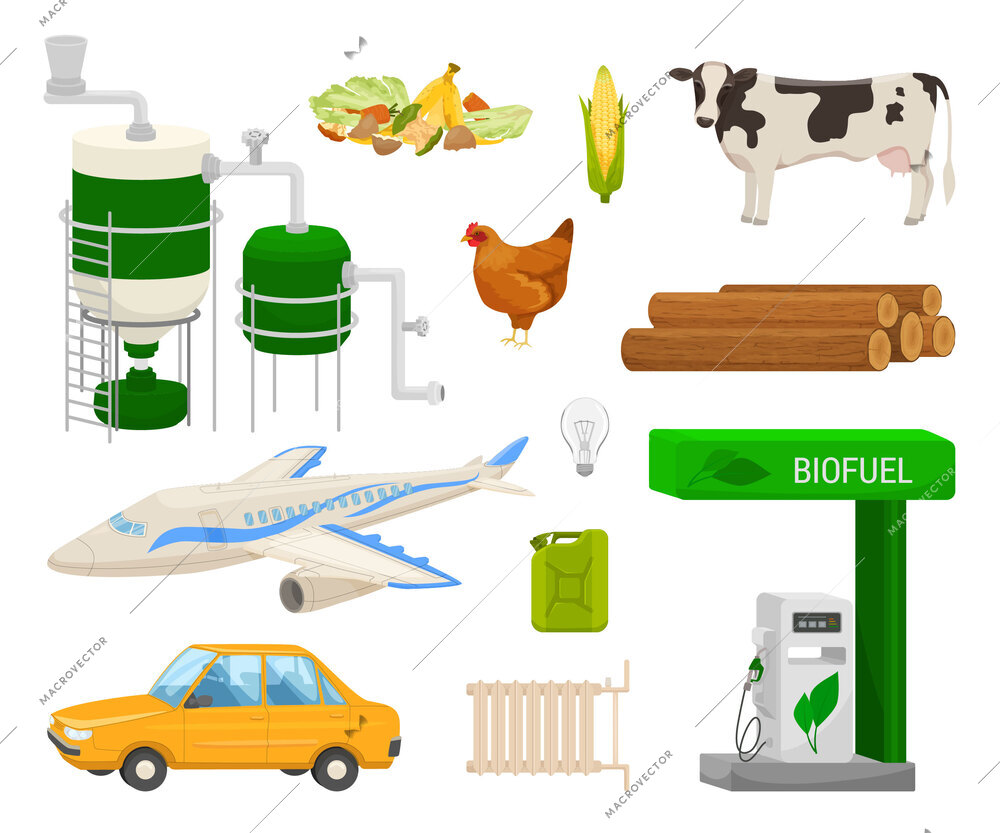 Biofuel production flat icons set of timber corn food and animal waste factory equipment land and air transport isolated vector illustration