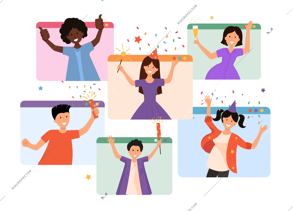 Celebrating people color icons with happy young cartoon characters holding festive attributes flat vector illustration