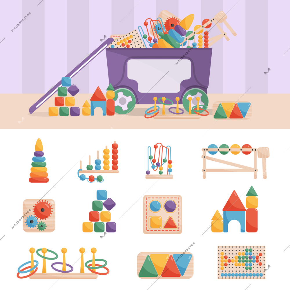Montessory flat retro composition with wooden colorful toys for kid educational games vector illustration