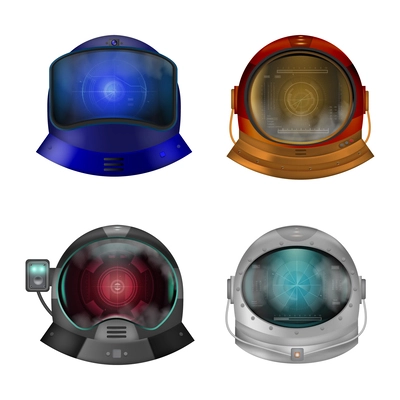 Shiny astronaut helmets realistic set of different colorful modifications of sealed equipment for space exploration vector illustration