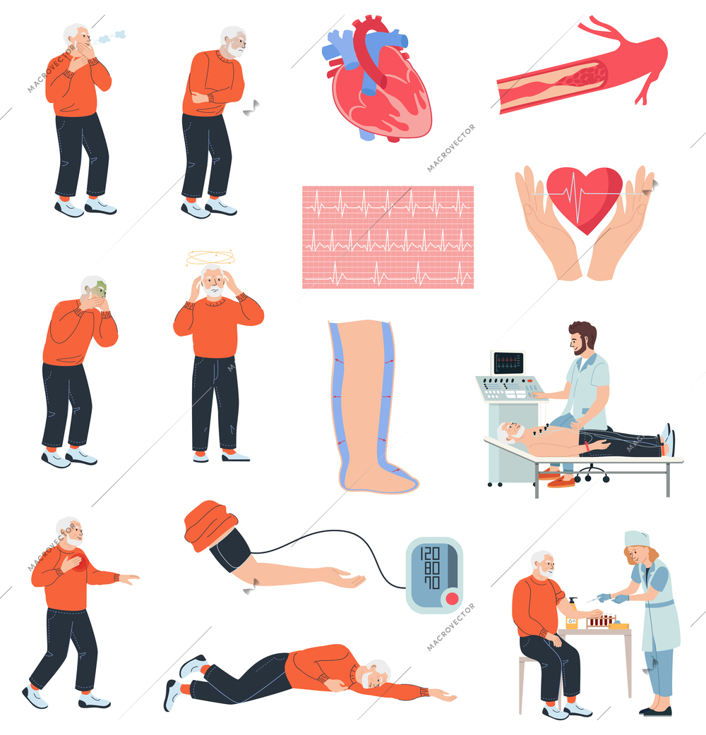 Heart attack symptoms flat set with isolated human characters of suffering man and internal organ icons vector illustration