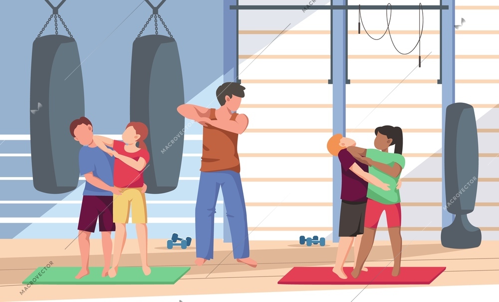 Self defense training flat composition with indoor view of gym with trainer and fighting teenage kids vector illustration