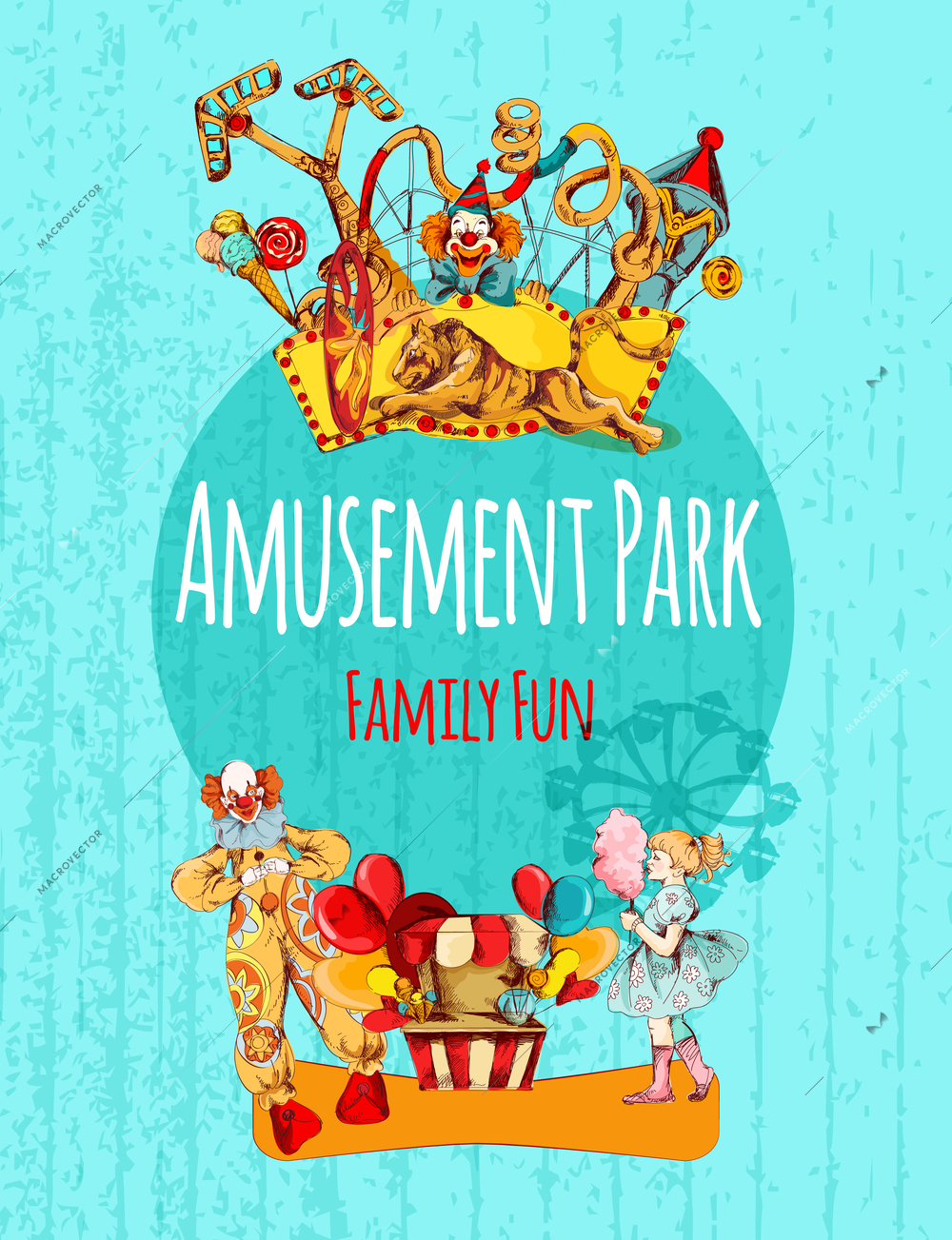 Amusement park circus festival family fun hand drawn poster vector illustration