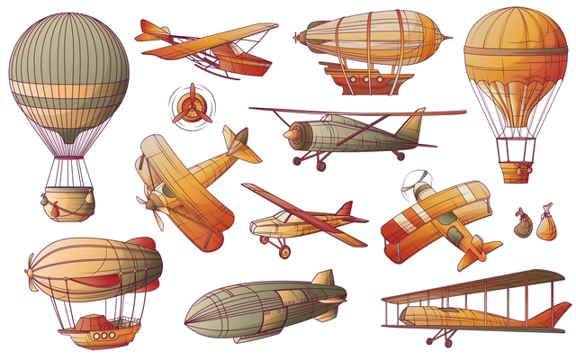 Aeronautics retro vintage aircraft transport set with isolated images of turbo propelled planes air balloons airships vector illustration