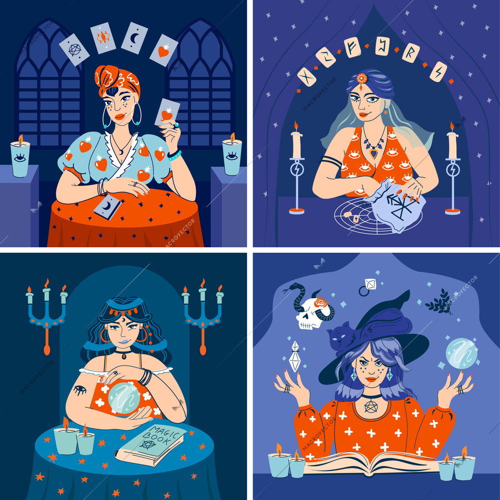 Fortune tellers 2x2 design concept with four woman telling future by runes crystal ball and cards flat vector illustration