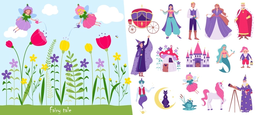 Fairy tale flat composition of floral scenery and isolated icons with fictional characters and medieval heroes vector illustration