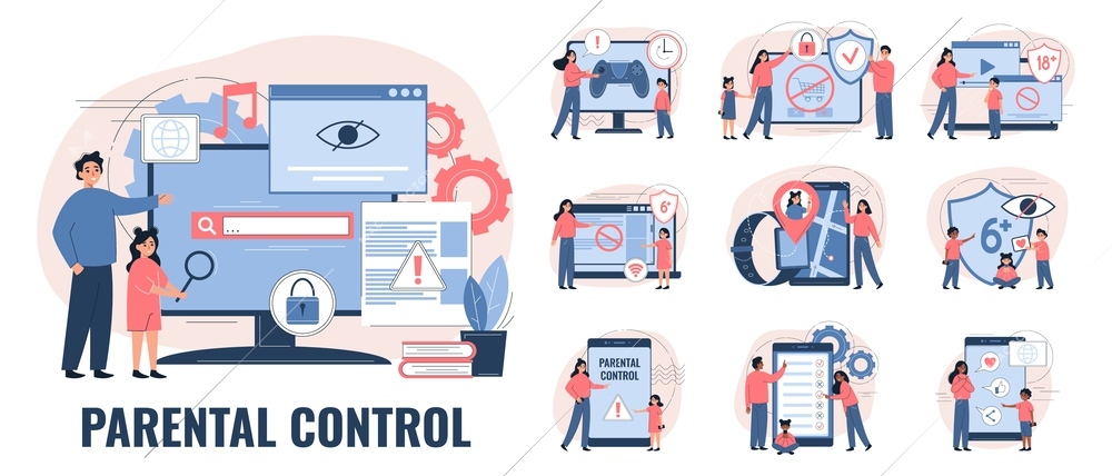 Parental control set with flat isolated compositions of gadget icons protection shields and family member characters vector illustration