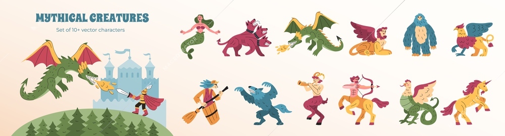 Mythical creatures flat set with composition of warrior fighting dragon and isolated characters from fairy tales vector illustration