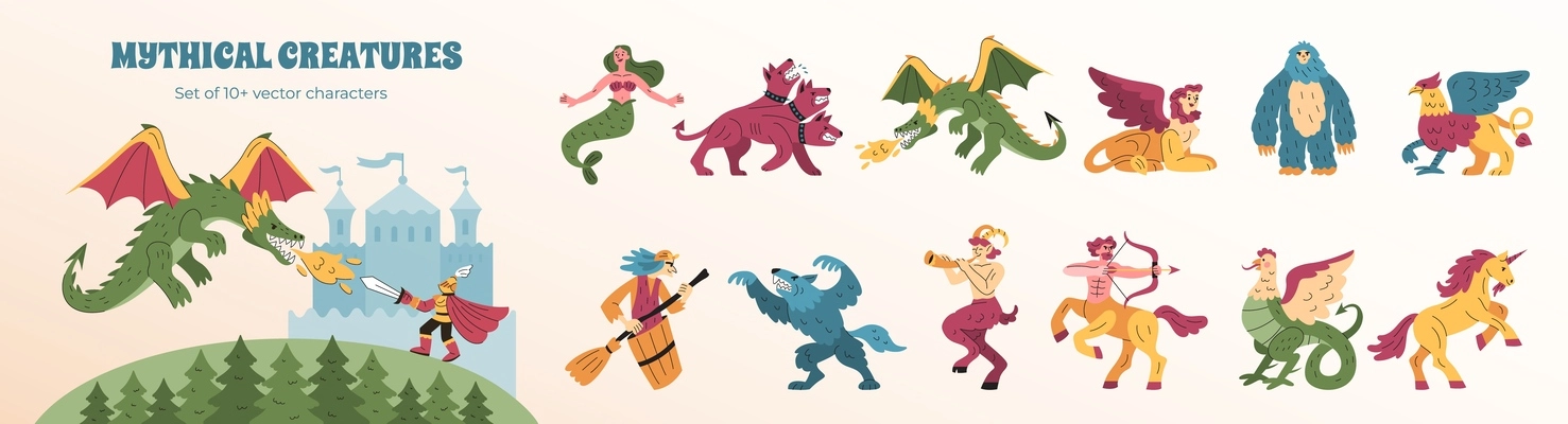 Mythical creatures flat set with composition of warrior fighting dragon and isolated characters from fairy tales vector illustration