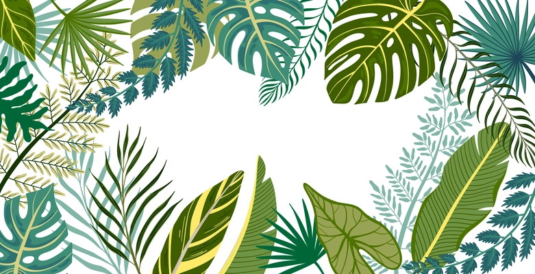Flat frame with green leaves of various exotic tropical trees and plants on white background vector illustration