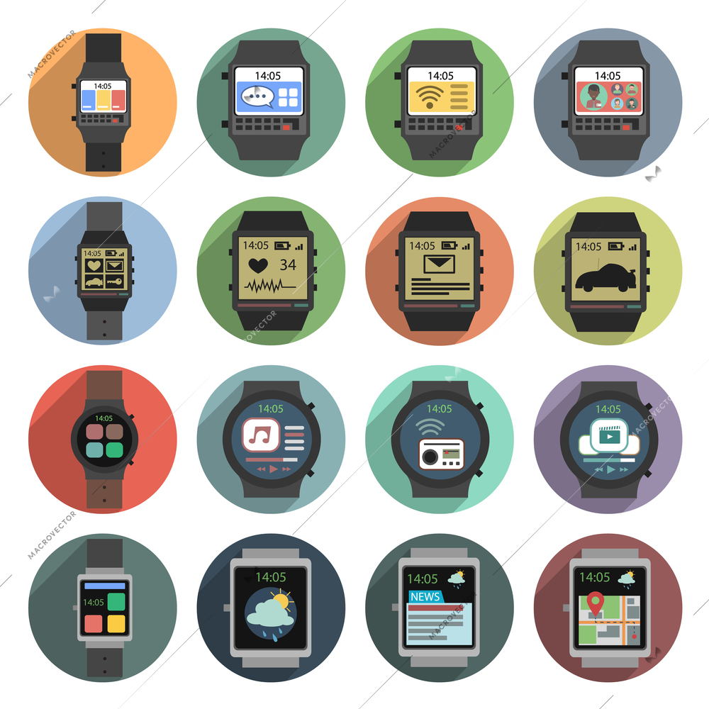 Smart watch modern mobile gadgets flat shadow icons set isolated vector illustration