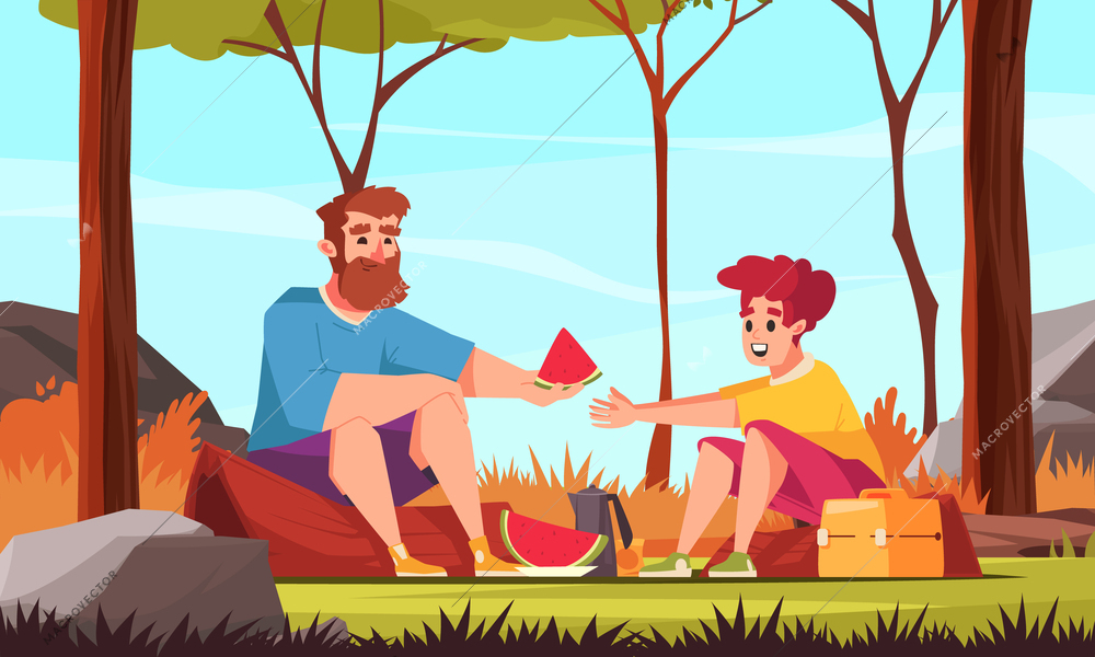 Picnic cartoon concept with father and son eating watermelon outdoors vector illustration