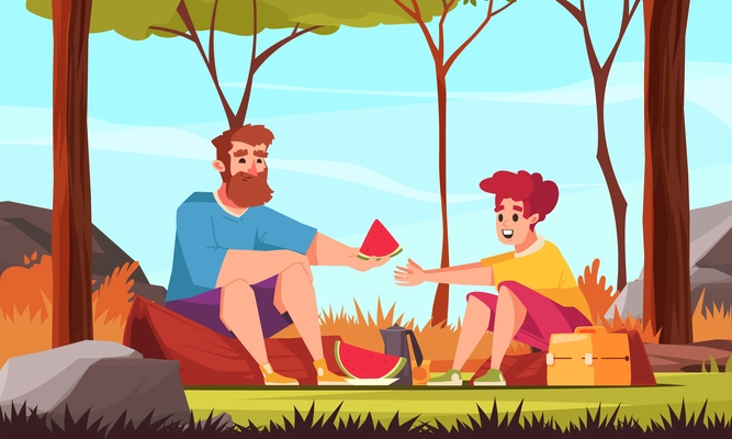 Picnic cartoon concept with father and son eating watermelon outdoors vector illustration