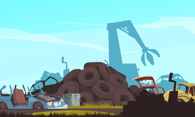 Car dump cartoon composition with crushed auto landfill vector illustration