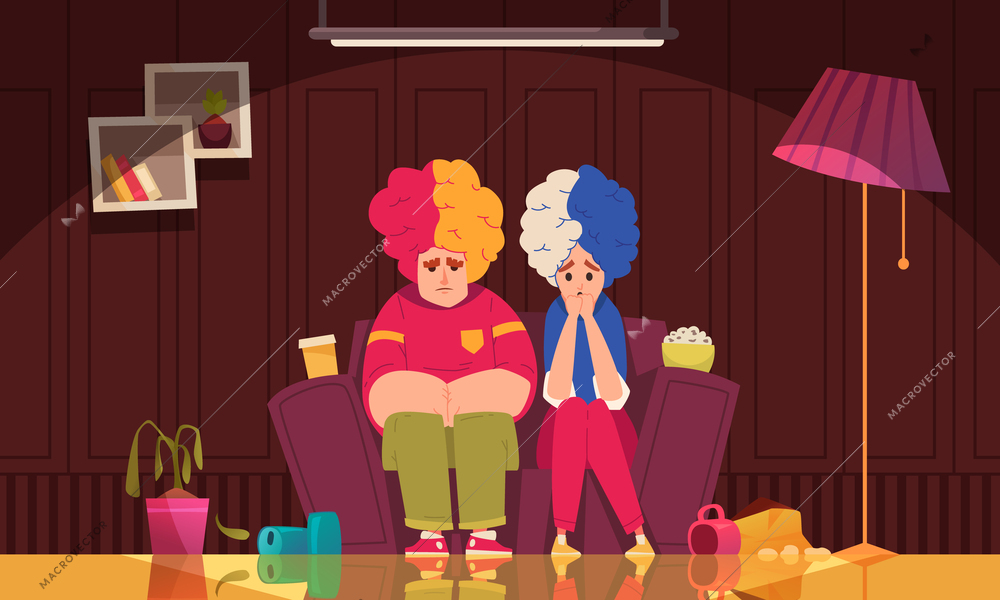 Sports fans cartoon composition with sad couple sitting on couch vector illustration
