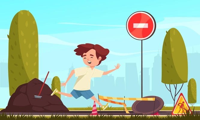 Kids danger cartoon composition with boy running towards open manhole vector illustration