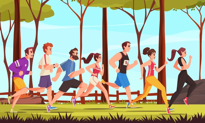 City runner cartoon concept with group of young people running outdoors vector illustration