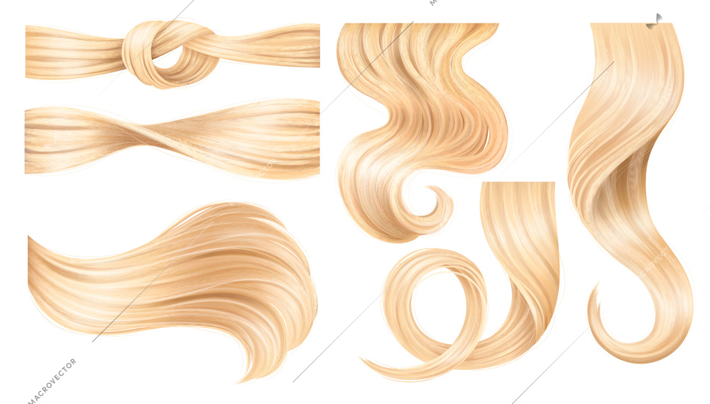 Blond hair curls realistic icons set isolated vector illustration