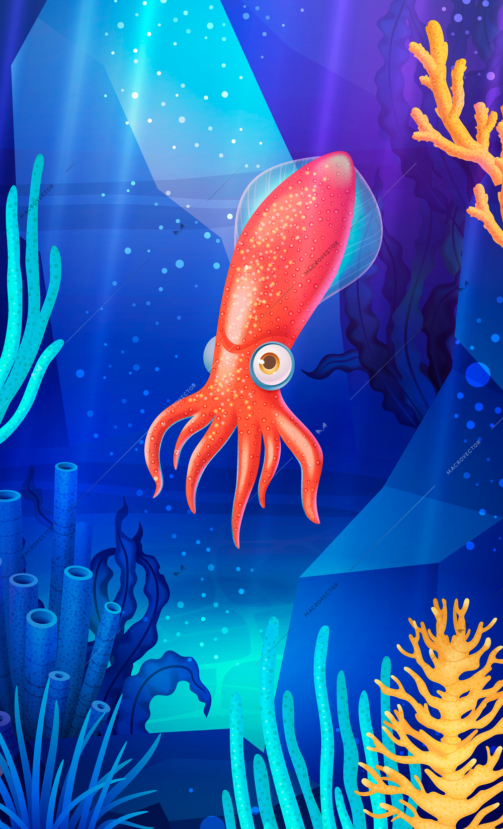 Underwater world poster with colorful coral reefs and cute cartoon sea creature vector illustration