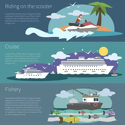 Ship banner horizontal set with scooter cruise and fishery boat isolated vector illustration