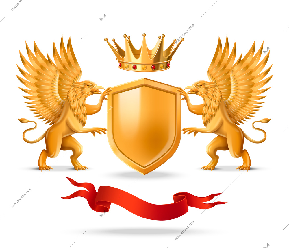 Royal shield realistic composition with griffins and kings crown vector illustration