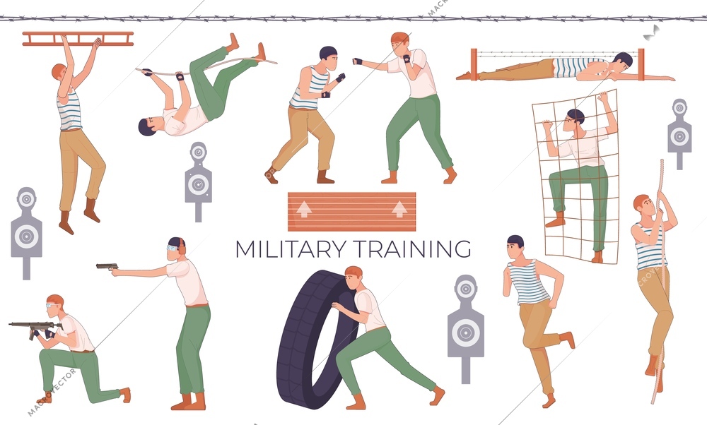 Military training flat set of isolated icons with human characters of recruits targets and physical obstacles vector illustration