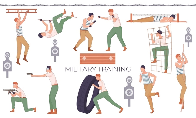 Military training flat set of isolated icons with human characters of recruits targets and physical obstacles vector illustration