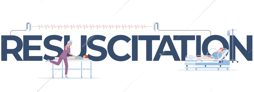 Resuscitation intensive care composition with flat text and icons of heartbeat sensors cardiogram and human characters vector illustration