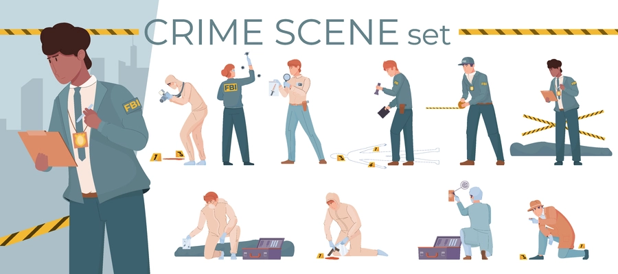 Crime scene criminal set with isolated flat compositions of investigators team paramedics victims and editable text vector illustration