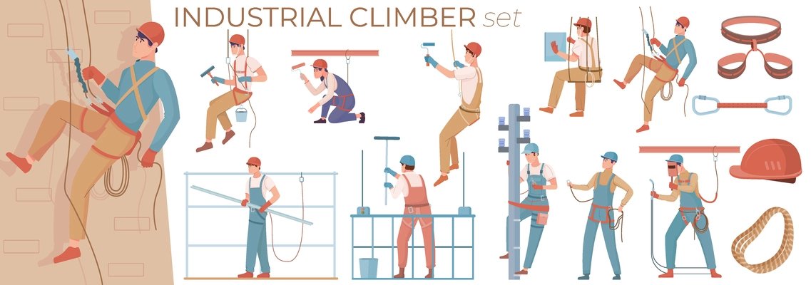 Industrial climber set with flat isolated icons of wearable equipment human characters of workers and text vector illustration