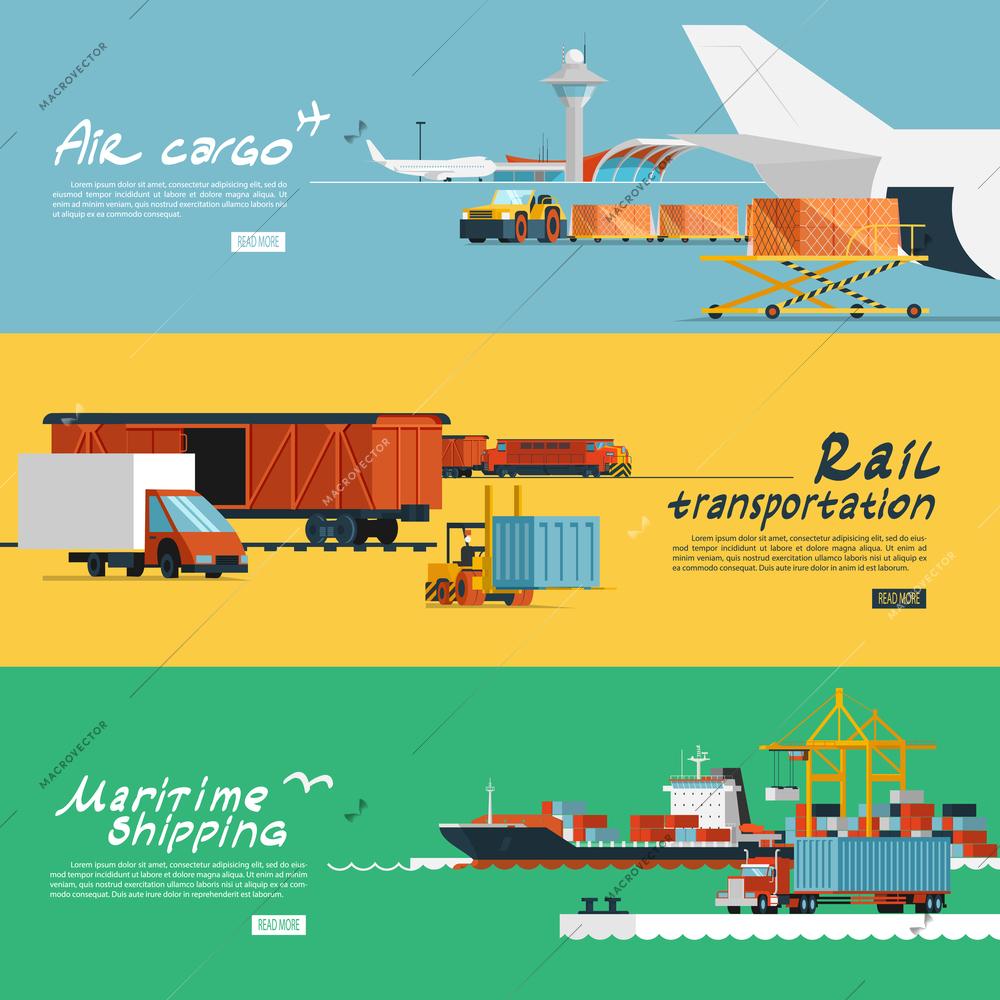 Logistic concept flat banners set of maritime rail and air transport delivery services abstract isolated vector illustration