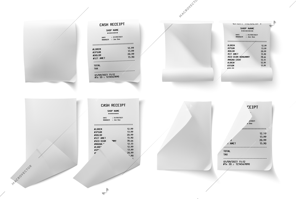 Realistic receipt set of isolated paper sheets with purchases list text with shadows on blank background vector illustration