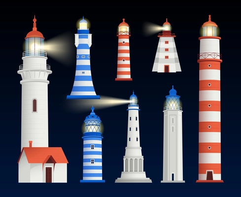 Lighthouses night set of isolated tower buildings for marine navigation with light rays on black background vector illustration