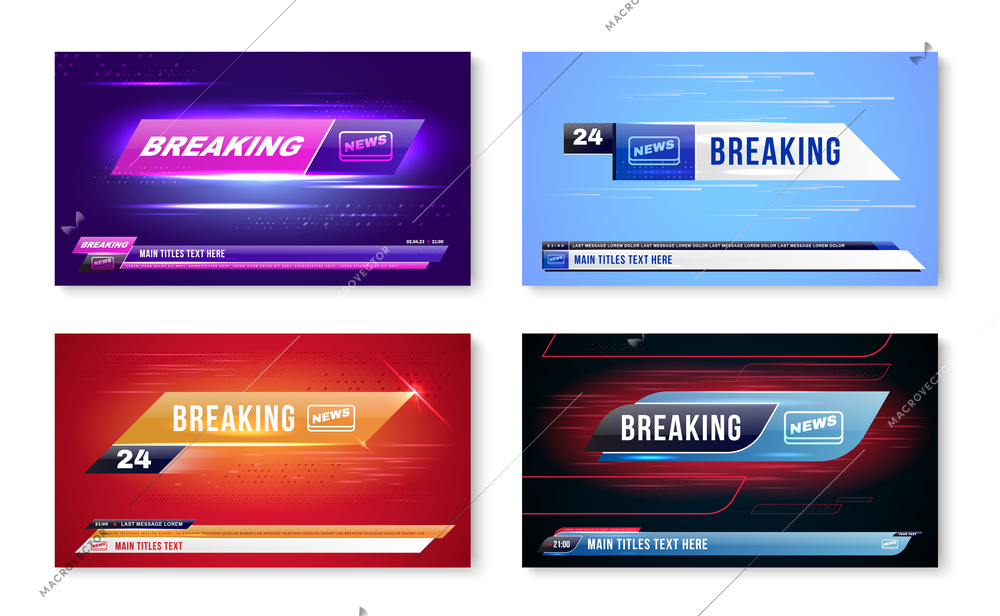 Set with four isolated horizontal banners with text channel logo lower thirds and colorful abstract backgrounds vector illustration